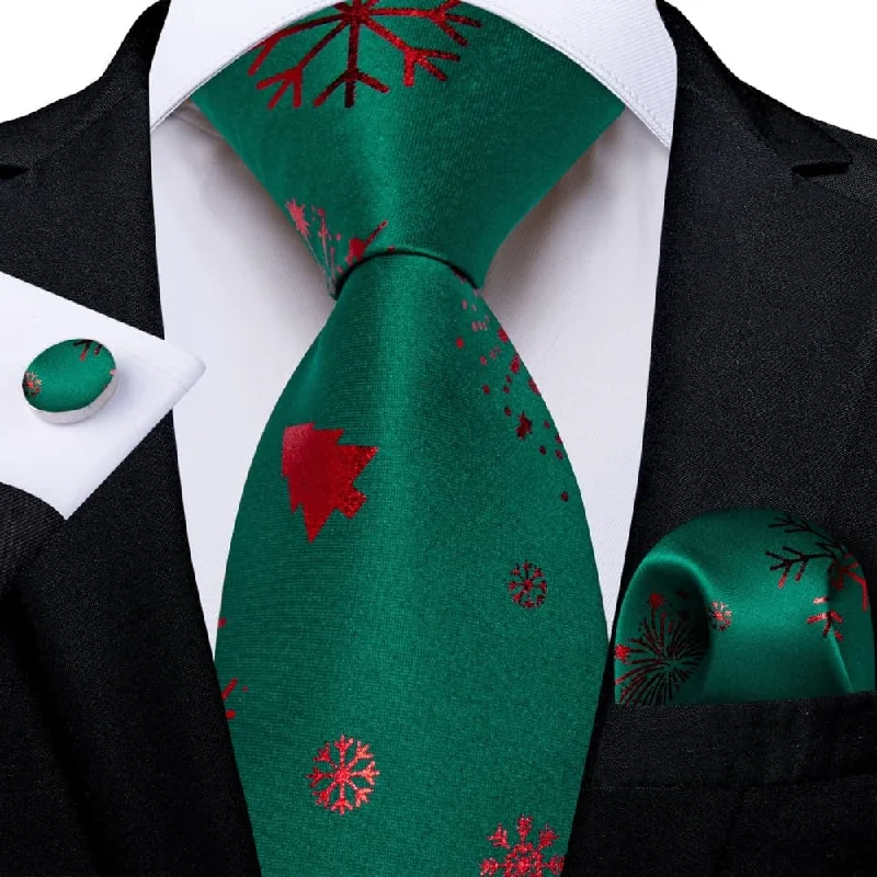 affordable silk bow ties-DiBanGu Green Red Christmas Snowflake Tree Necktie Pocket Square Cufflinks Set