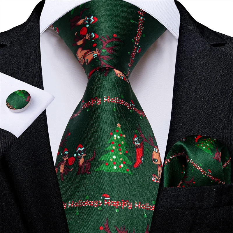 designer office tie sets-DiBanGu Green Red Christmas Tree Men's Tie Pocket Square Cufflinks Set