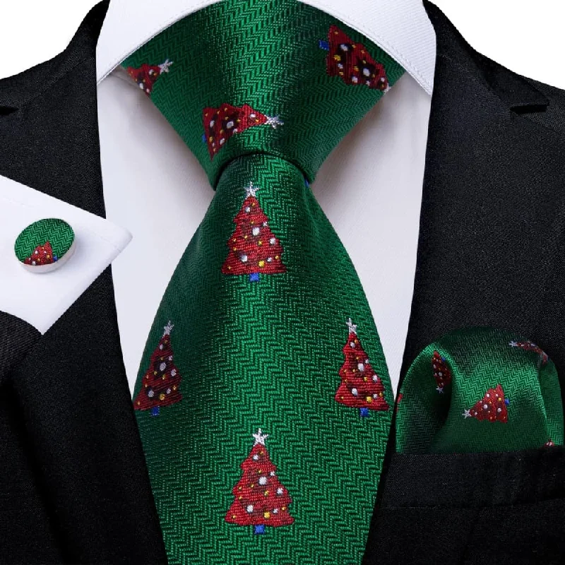 slim-fit bow ties for weddings-DiBanGu Green Red Christmas Tree Necktie Pocket Square Cufflinks Set