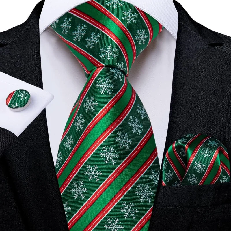 elegant formal office neckties-DiBanGu Green Red Striped Christmas Snowflake Necktie Pocket Square Cufflinks Set