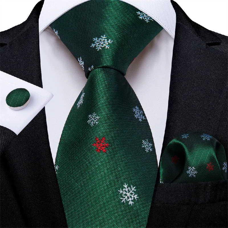 stylish office bow ties-DiBanGu Green White Snow Christmas Silk Necktie Pocket Square Cufflinks Set