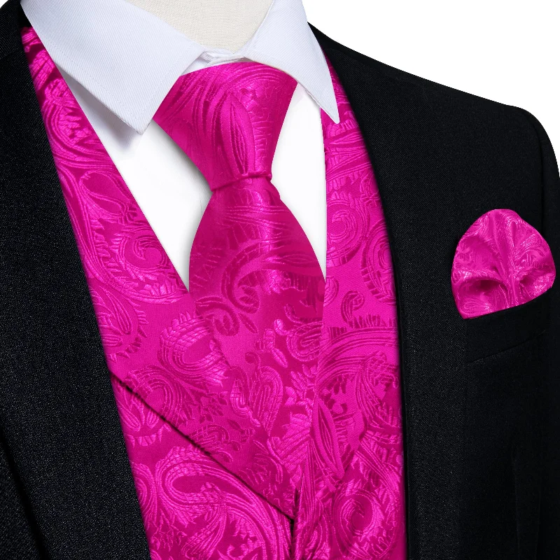 high-end wedding necktie sets-DiBanGu Hot Pink Paisley Notched Collar Silk Mens Vest Tie Set