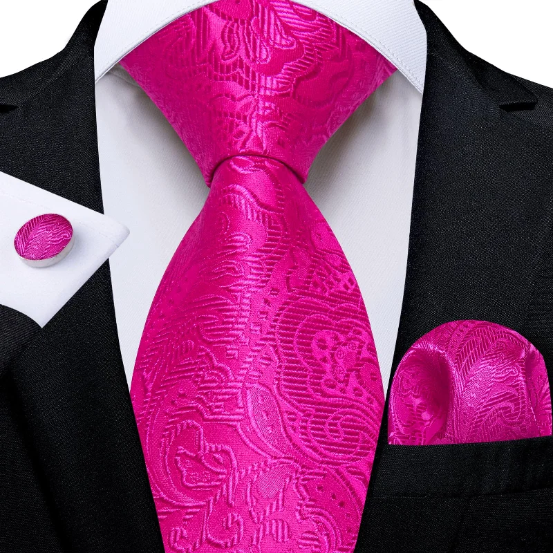 men's tie accessories-DiBanGu Hot Pink Paisley Silk Mens Tie Pocket Square Cufflinks Set