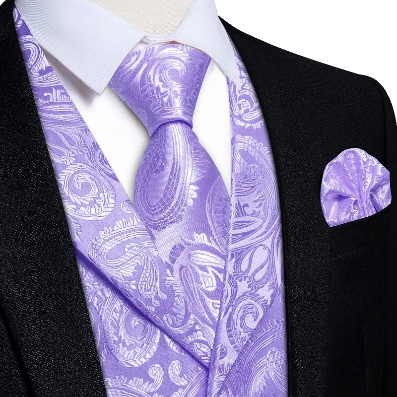 stylish necktie packs for men-DiBanGu Lavender Purple Paisley Notched Collar Silk Mens Vest Tie Set