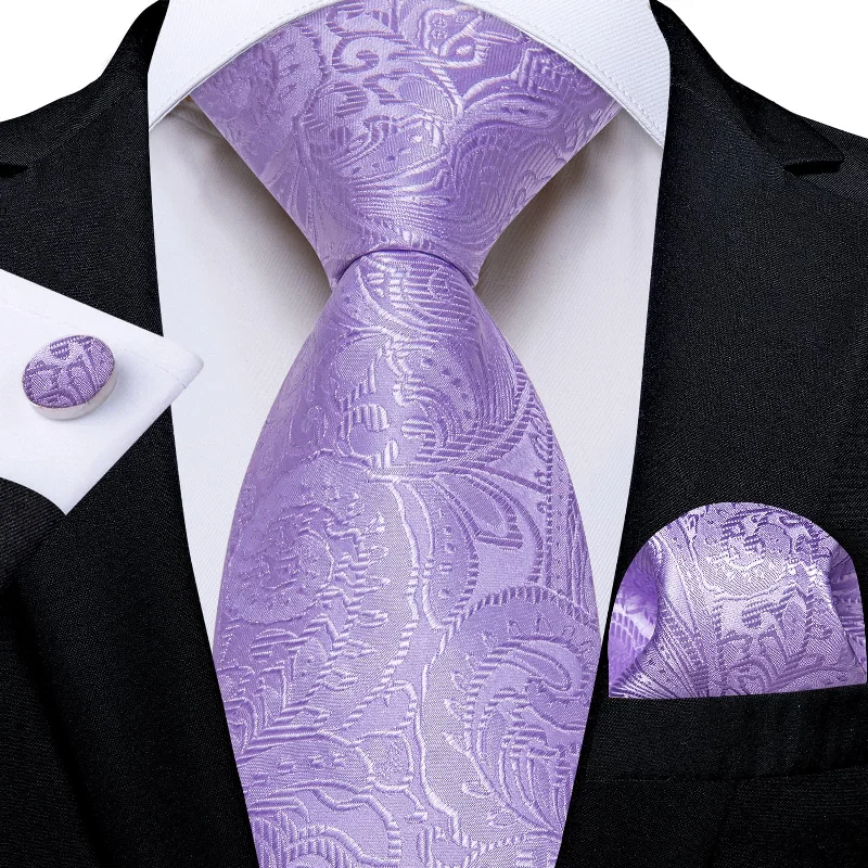 modern wedding neckties-DiBanGu Light Pastel Purple Paisley Silk Mens Tie Pocket Square Cufflinks Set