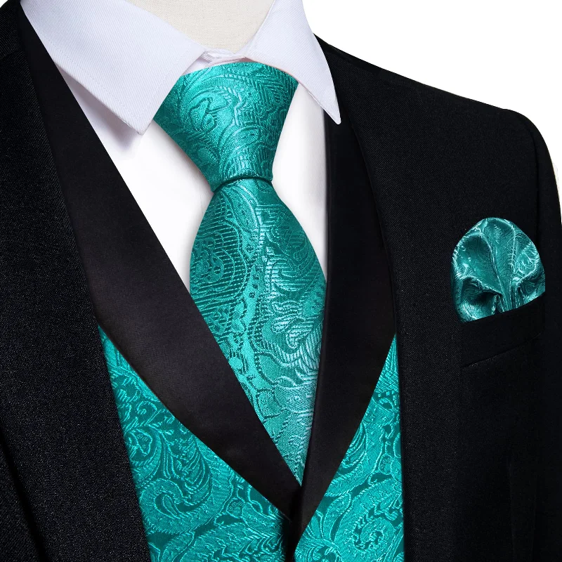 casual silk bow ties-DiBanGu Light Sea Green Floral Silk Shawl Collar Mens Dress Vest Tie Set