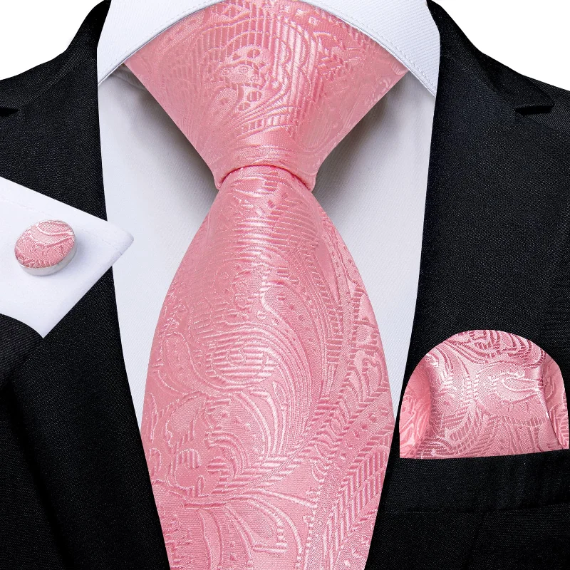 simple silk ties for men-DiBanGu Light Thulian Pink Paisley Silk Mens Tie Pocket Square Cufflinks Set