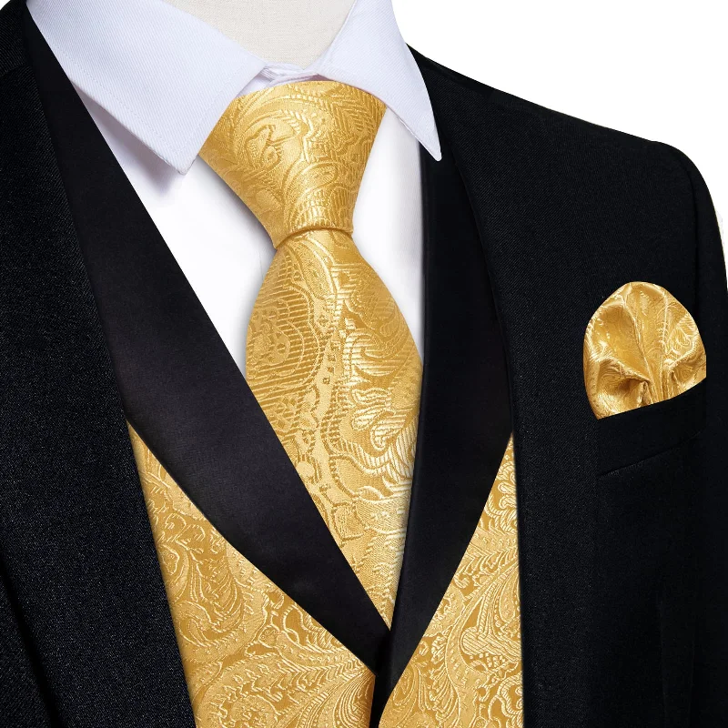 solid color bow ties for weddings-DiBanGu Luxury Gold Floral Silk Shawl Collar Mens Dress Vest Tie Set