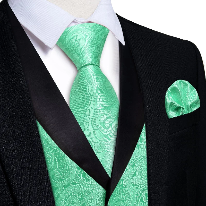 elegant silk ties for interviews-DiBanGu Mint Green Floral Silk Shawl Collar Mens Dress Vest Tie Set