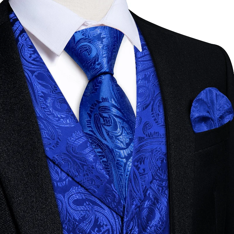 office necktie packs-DiBanGu Navy Blue Paisley Notched Collar Silk Mens Vest Tie Set