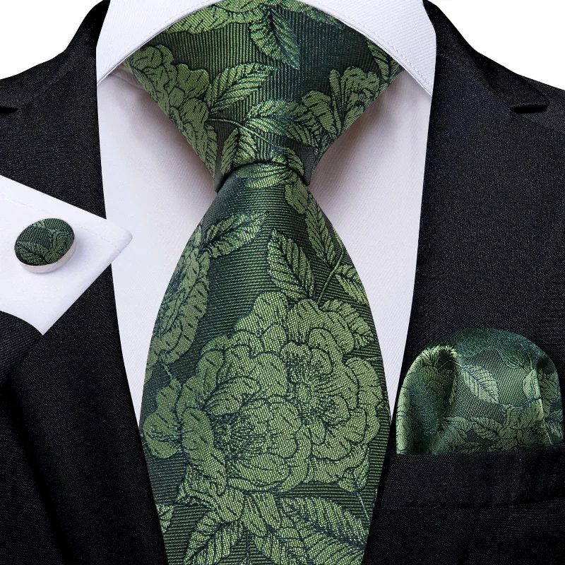 high-quality men's necktie designs-DiBanGu Olive Green Floral Silk Mens Tie Hanky Cufflinks Set