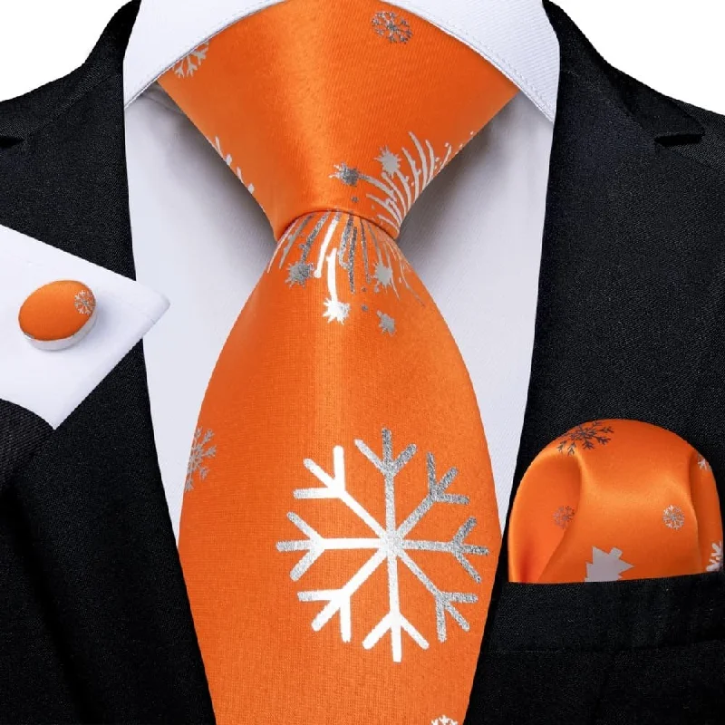 premium silk necktie brands-DiBanGu Orange Christmas Snowflake Necktie Pocket Square Cufflinks Set