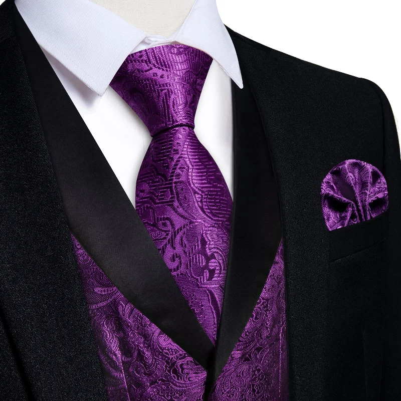 high-quality silk necktie sets-DiBanGu Patriarch Purple Floral Silk Shawl Collar Mens Dress Vest Tie Set