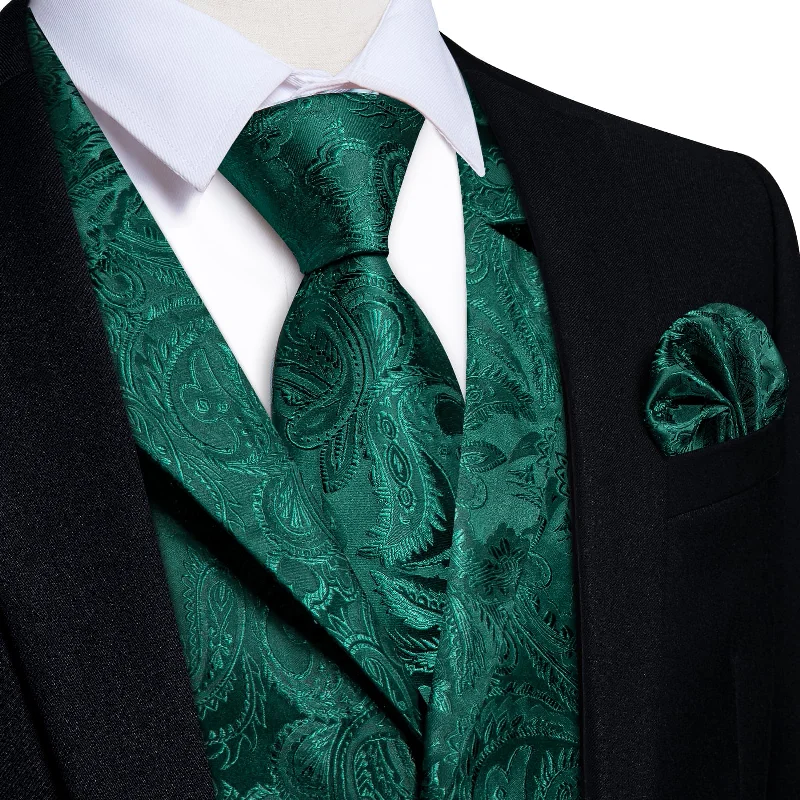 luxury patterned neckties-DiBanGu Phthalo Green Paisley Silk Notched Collar Slim Fit Mens Waistcoat Tie Set