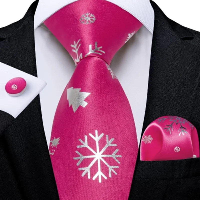 casual wedding bow ties-DiBanGu Pink White Christmas Snowflake Necktie Pocket Square Cufflinks Set