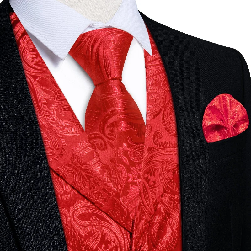 fun color neckties for weddings-DiBanGu Pure Red Paisley Notched Collar Silk Mens Vest Tie Set