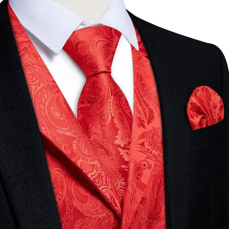 premium silk ties for weddings-DiBanGu Pure Red Paisley Silk Notched Collar Slim Fit Mens Waistcoat Tie Set