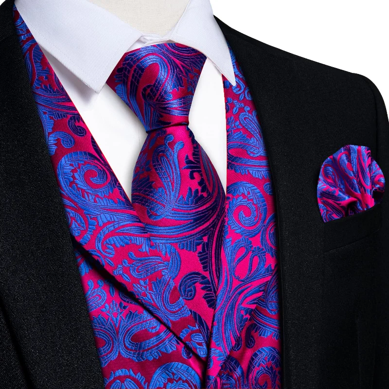 modern silk necktie sets-DiBanGu Purple Blue Paisley Notched Collar Silk Mens Dress Vest Tie Set