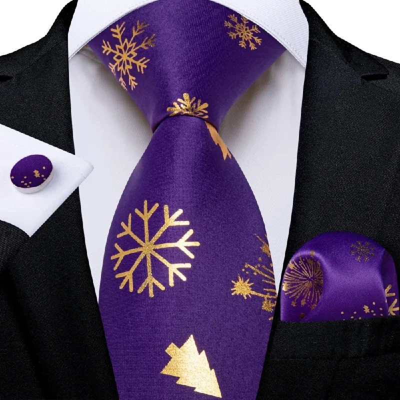 luxury silk bow ties for men-DiBanGu Purple Gold Christmas Snowflake Necktie Pocket Square Cufflinks Set