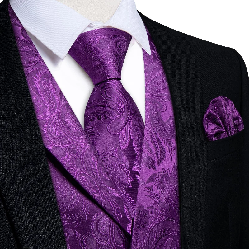 fashionable business ties-DiBanGu Purple Paisley Silk Notched Collar Slim Fit Mens Waistcoat Tie Set