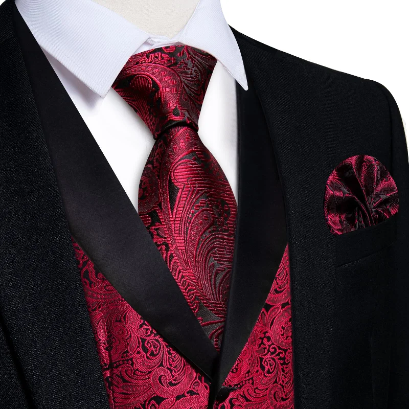 unique necktie designs for office-DiBanGu Red Black Floral Silk Shawl Collar Mens Dress Vest Tie Set