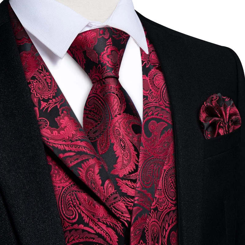 patterned necktie sets-DiBanGu Red Black Paisley Silk Notched Collar Slim Fit Mens Waistcoat Tie Set