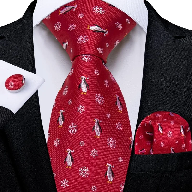 simple patterned neckties for men-DiBanGu Red Christmas Penguins Snowflake Necktie Pocket Square Cufflinks Set