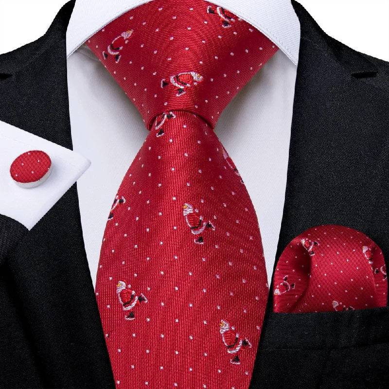 affordable designer neckties for men-DiBanGu Red Christmas Santa Claus Polk Dot Necktie Pocket Square Cufflinks Set