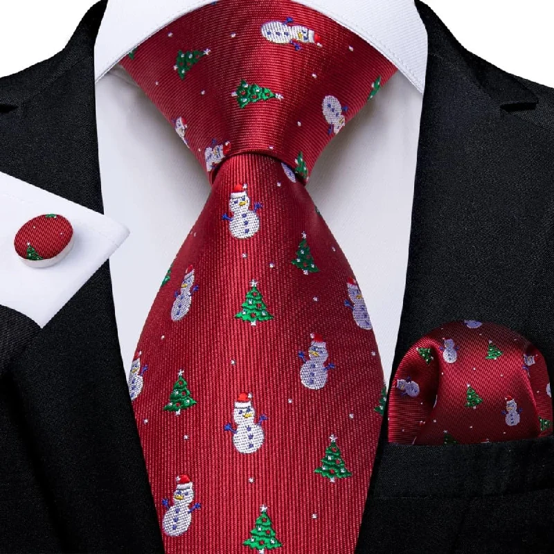 unique patterns in silk ties-DiBanGu Red Christmas Snowman Tree Necktie Pocket Square Cufflinks Set