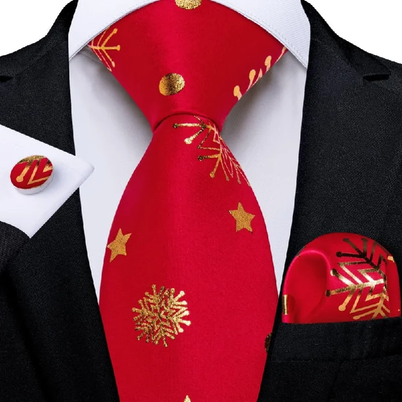 best formal necktie designs-DiBanGu Red Gold Christmas Snow Necktie Pocket Square Cufflinks Set