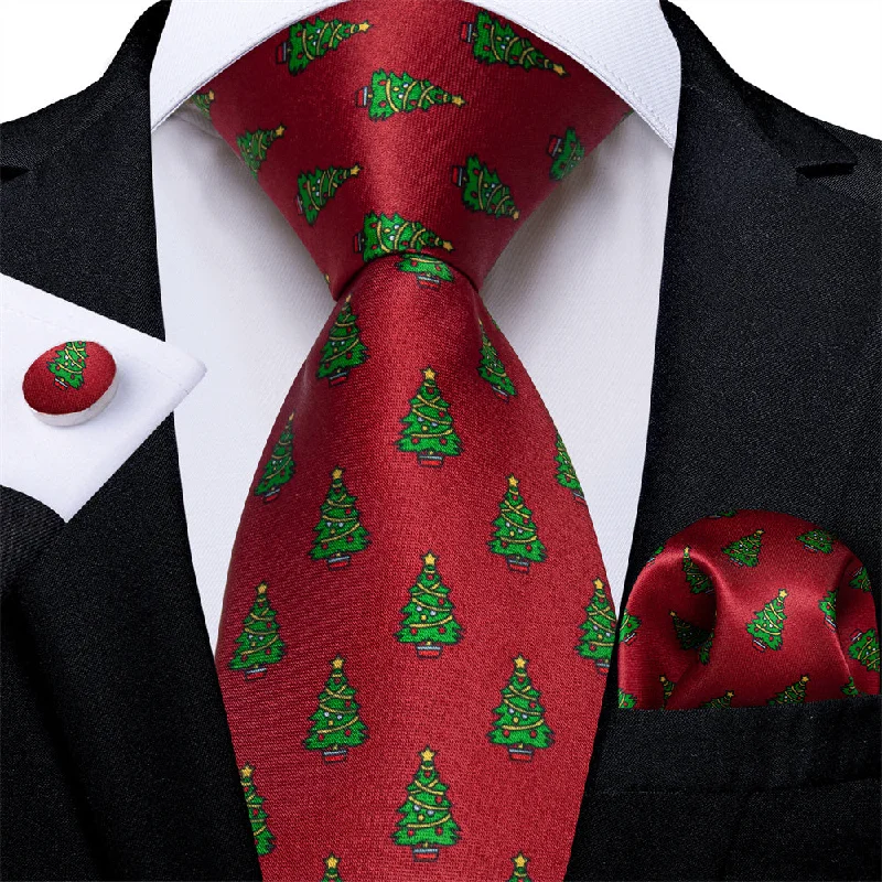 affordable silk neckties-DiBanGu Red Green Christmas Tree Men's Tie Pocket Square Cufflinks Set