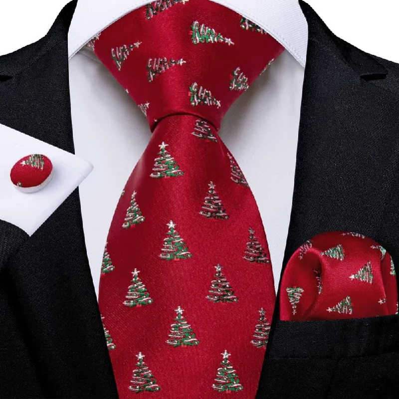 silk necktie options for office wear-DiBanGu Red Green Christmas Tree Necktie Pocket Square Cufflinks Set