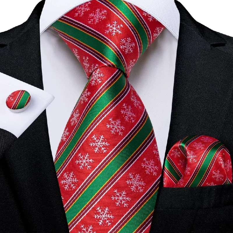 luxury wedding necktie designs-DiBanGu Red Green Striped Christmas Snowflake Necktie Set