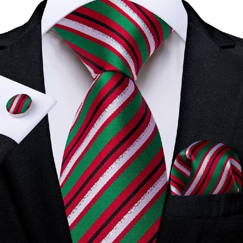 silk necktie bundles for men-DiBanGu Red Green White Striped Christmas Necktie Pocket Square Cufflinks Set