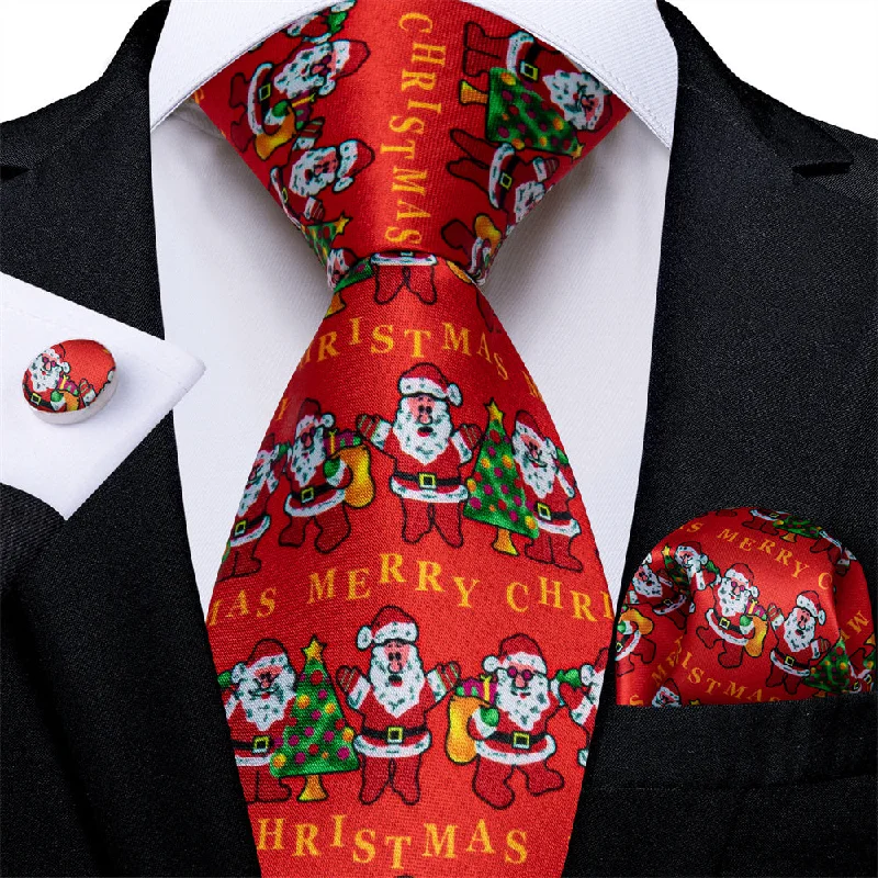 classic silk necktie patterns-DiBanGu Red Santa Claus Christmas Necktie Pocket Square Cufflinks Set