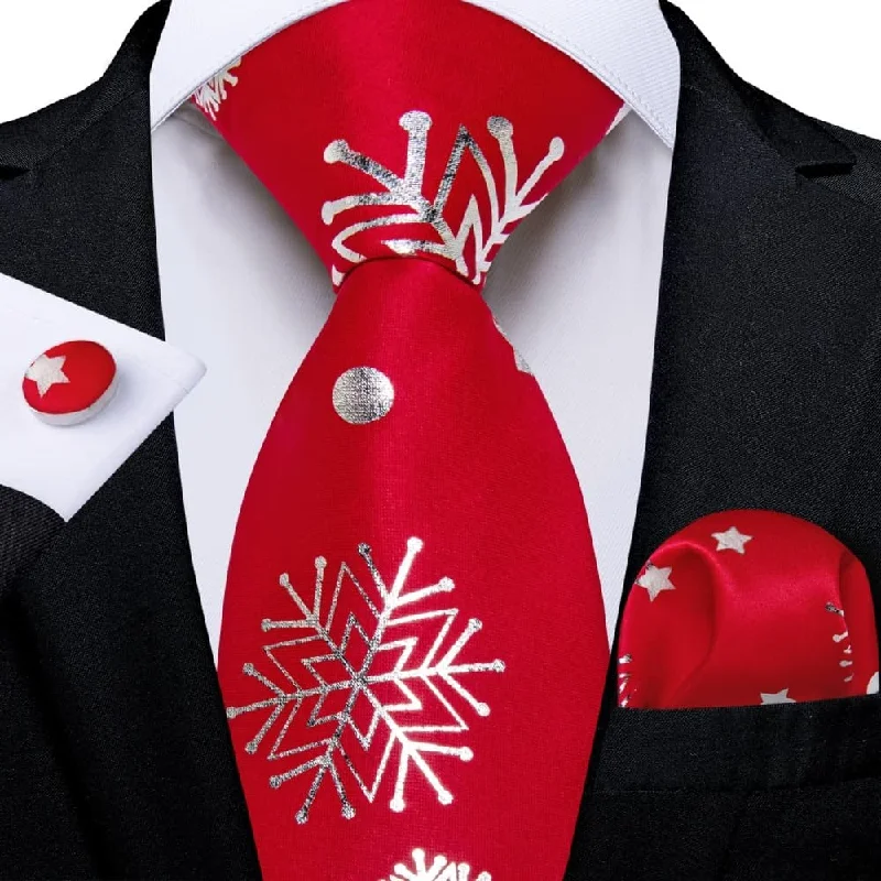 trendy wedding necktie styles-DiBanGu Red White Christmas Snowflake Necktie Pocket Square Cufflinks Set