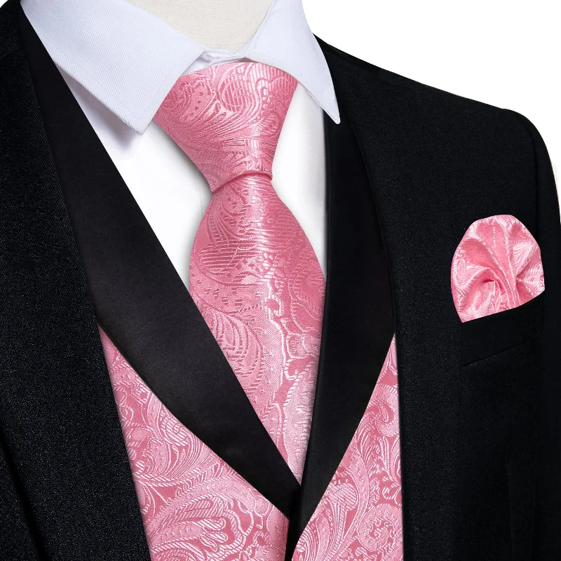 affordable office tie sets-DiBanGu Rose Pink Floral Silk Shawl Collar Mens Dress Vest Tie Set