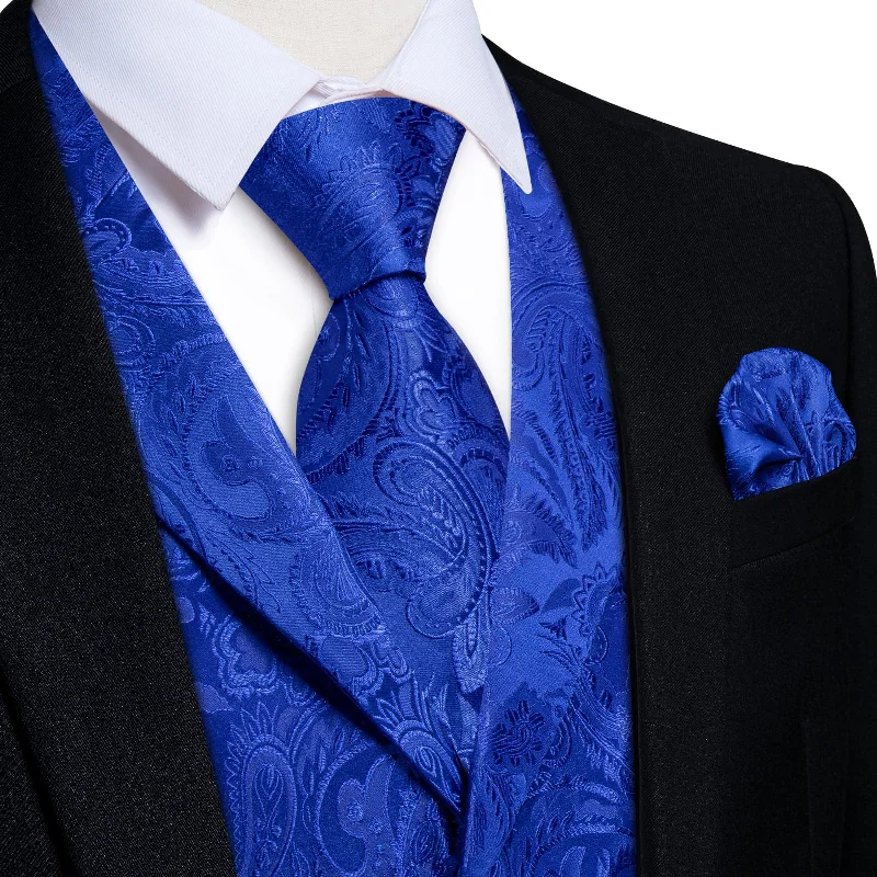 soft cotton ties-DiBanGu Royal Blue Paisley Silk Notched Collar Slim Fit Mens Waistcoat Tie Set