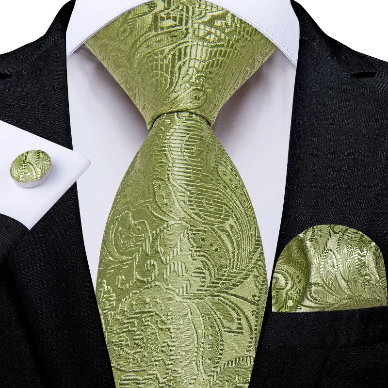 simple necktie styles-DiBanGu Sage Green Floral Silk Mens Tie Pocket Square Cufflinks Set