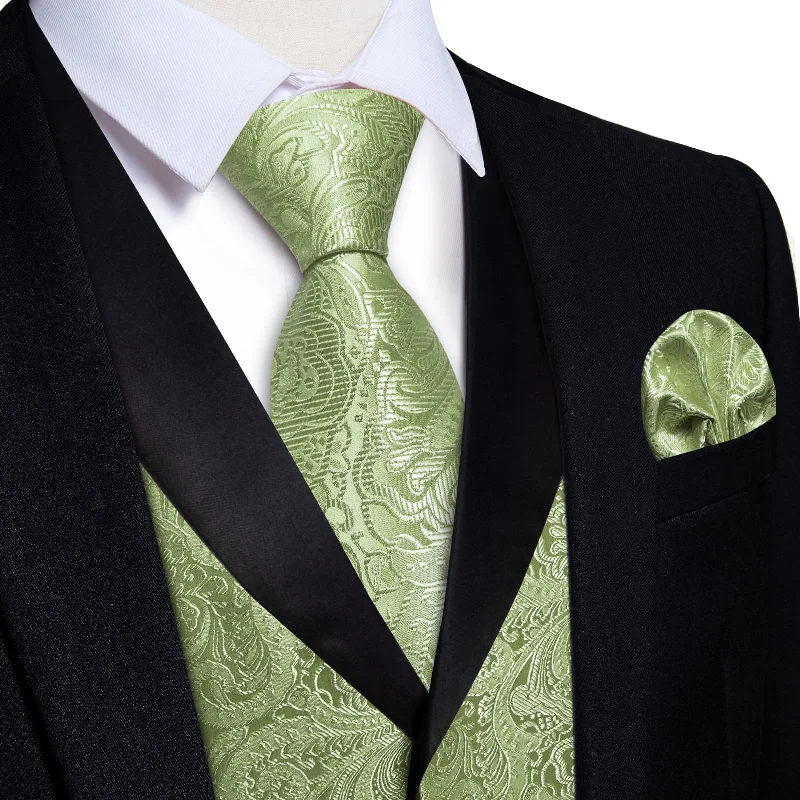 men's necktie bundles-DiBanGu Sage Green Floral Silk Shawl Collar Mens Dress Vest Tie Set