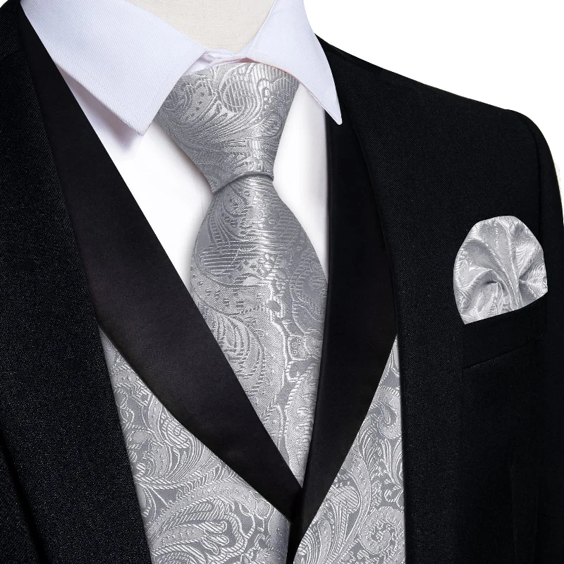 silk ties for professional events-DiBanGu Silver Grey Floral Silk Shawl Collar Mens Dress Vest Tie Set