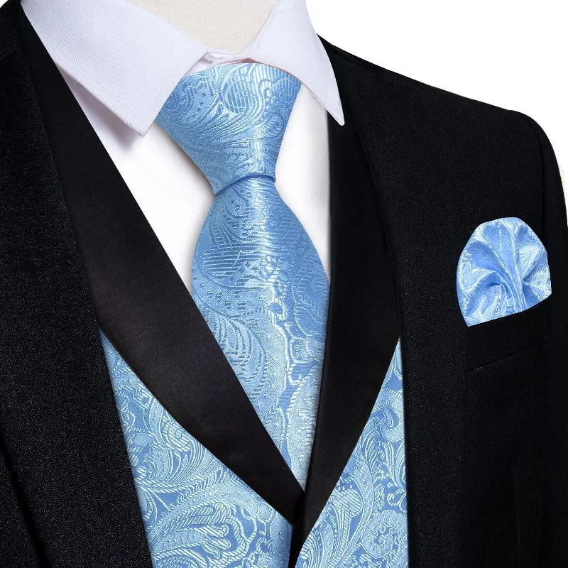 business casual silk ties-DiBanGu Sky Blue Floral Silk Shawl Collar Mens Dress Vest Tie Set