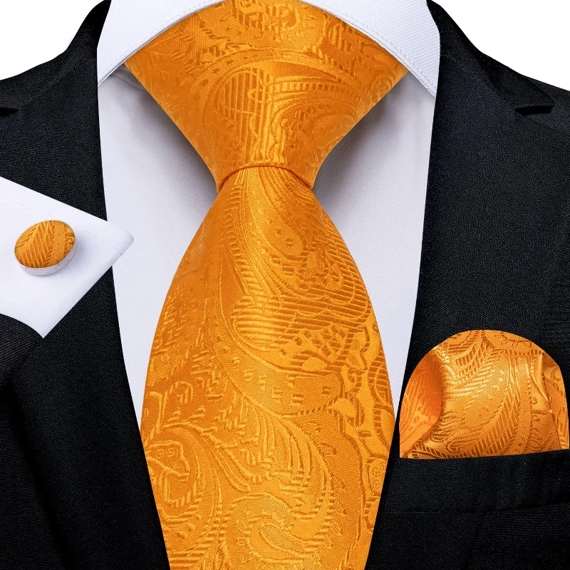 men's necktie collections-DiBanGu Tangerine Orange Paisley Silk Mens Tie Pocket Square Cufflinks Set