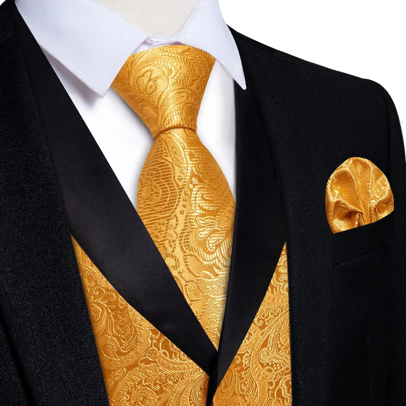 men's bow ties for weddings-DiBanGu Urobilin Yellow Floral Silk Shawl Collar Mens Dress Vest Tie Set