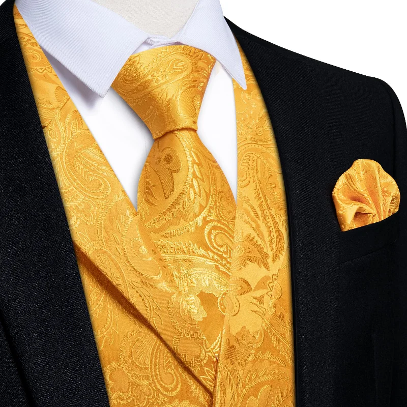 affordable silk neckties-DiBanGu Urobilin Yellow Paisley Silk Notched Collar Slim Fit Mens Waistcoat Tie Set