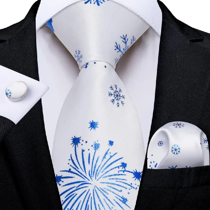 modern silk necktie designs for men-DiBanGu White Blue Christmas Snowflake Necktie Pocket Square Cufflinks Set