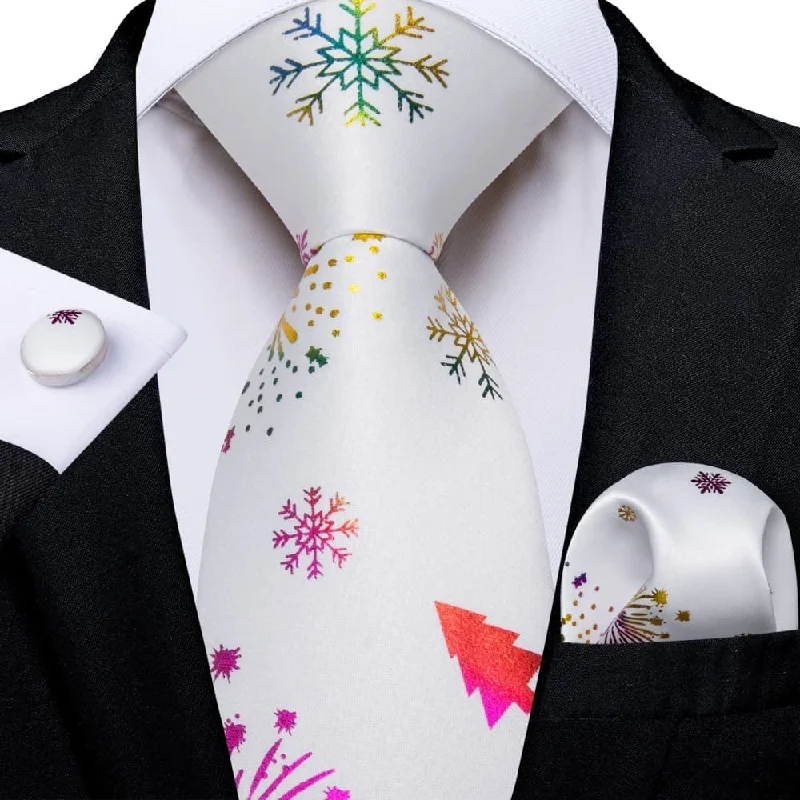 classic necktie collections for men-DiBanGu White Christmas Snowflake Necktie Pocket Square Cufflinks Set