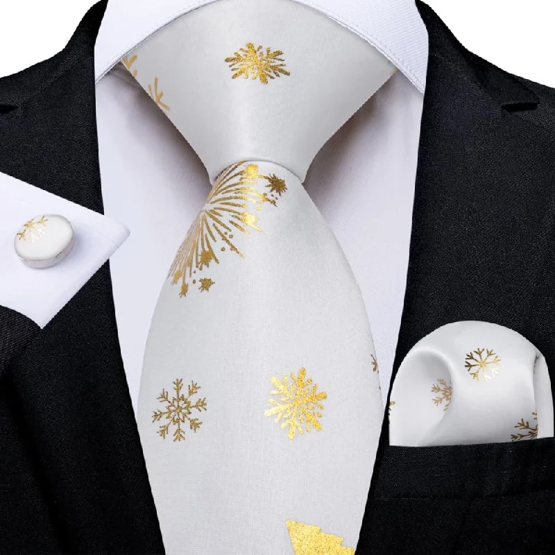 casual silk necktie designs-DiBanGu White Gold Christmas Snowflake Necktie Pocket Square Cufflinks Set