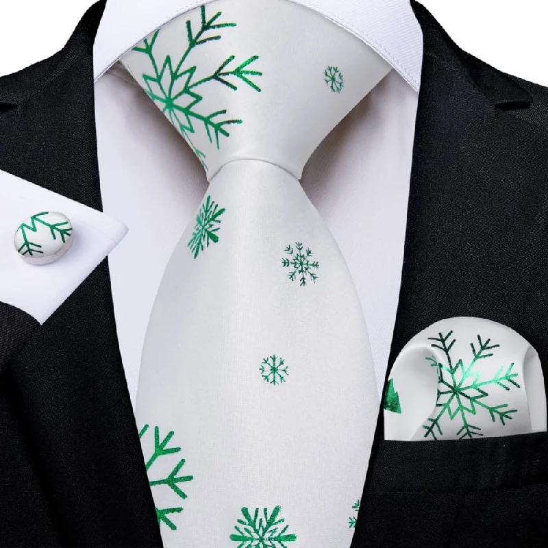 men's office necktie sets-DiBanGu White Green Christmas Snowflake Necktie Pocket Square Cufflinks Set