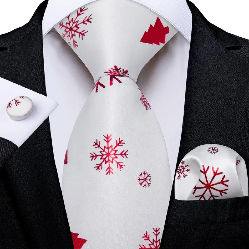 designer silk ties for formal occasions-DiBanGu White Red Christmas Snowflake Necktie Pocket Square Cufflinks Set